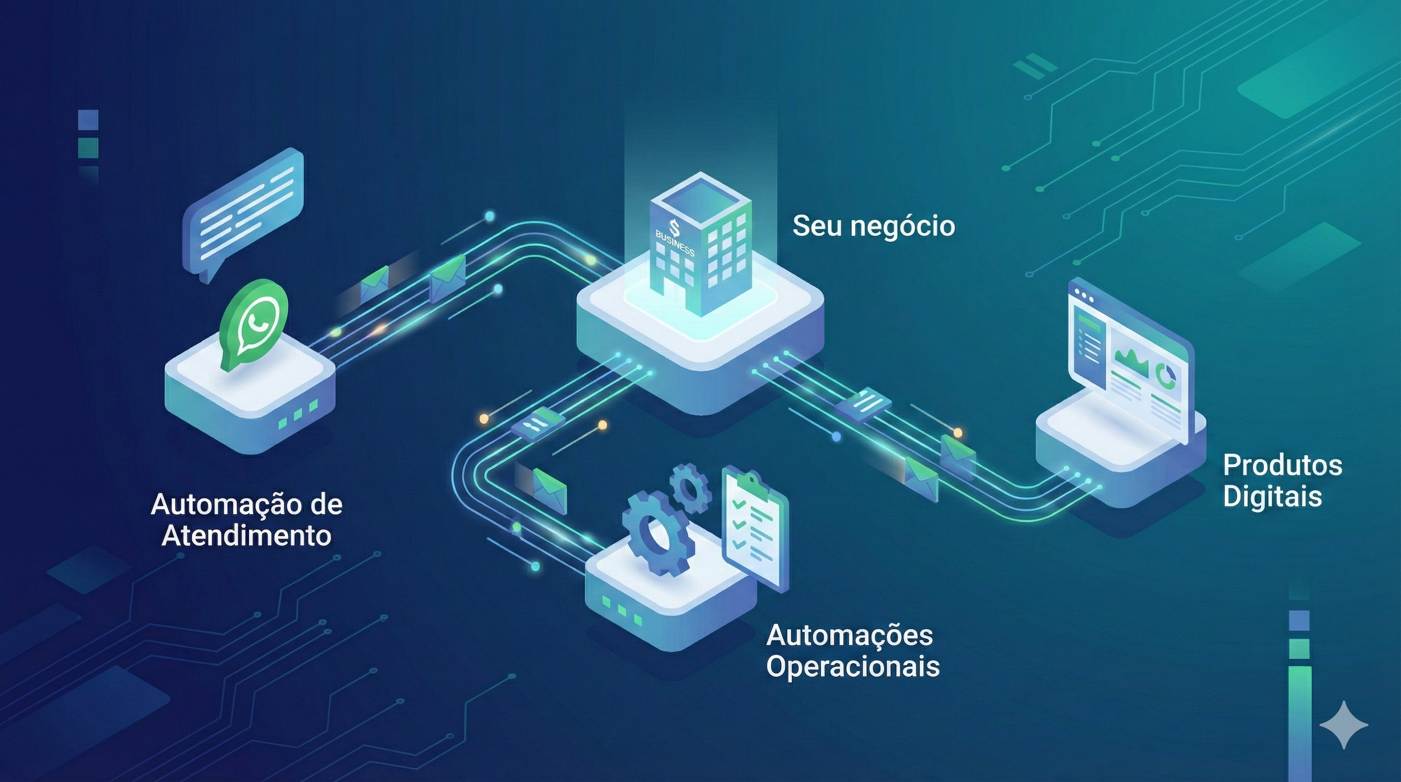 Seu negócio no centro conectado a Automação de Atendimento, Automações Operacionais e Produtos Digitais